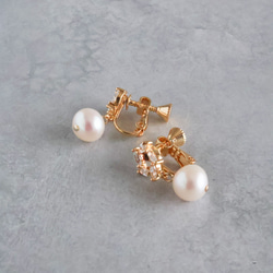 永遠－淡水パール×キュービックジルコニア リースイヤリング（ゴールド） 8枚目の画像