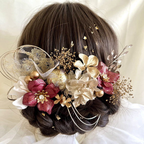 造花と水引の髪飾り＊赤×ゴールド＊成人式 卒業式 和装 前撮り 5枚目の画像