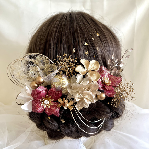 造花と水引の髪飾り＊赤×ゴールド＊成人式 卒業式 和装 前撮り 2枚目の画像