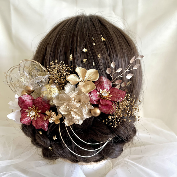 造花と水引の髪飾り＊赤×ゴールド＊成人式 卒業式 和装 前撮り 1枚目の画像