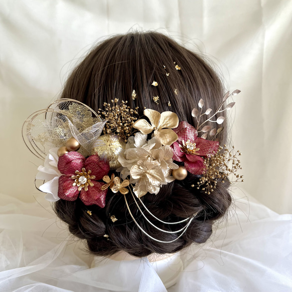 造花と水引の髪飾り＊赤×ゴールド＊成人式 卒業式 和装 前撮り 4枚目の画像
