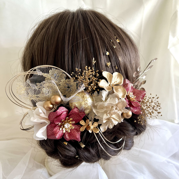 造花と水引の髪飾り＊赤×ゴールド＊成人式 卒業式 和装 前撮り 3枚目の画像