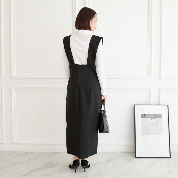 【着丈調整可能/洗える】 前スリット ジャンパースカート　ブラック　0704BK 2枚目の画像