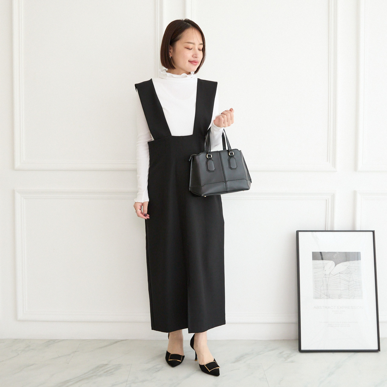 【着丈調整可能/洗える】 前スリット ジャンパースカート　ブラック　0704BK