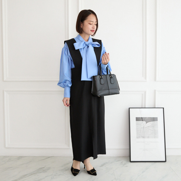 【着丈調整可能/洗える】 前スリット ジャンパースカート　ブラック　0704BK 5枚目の画像