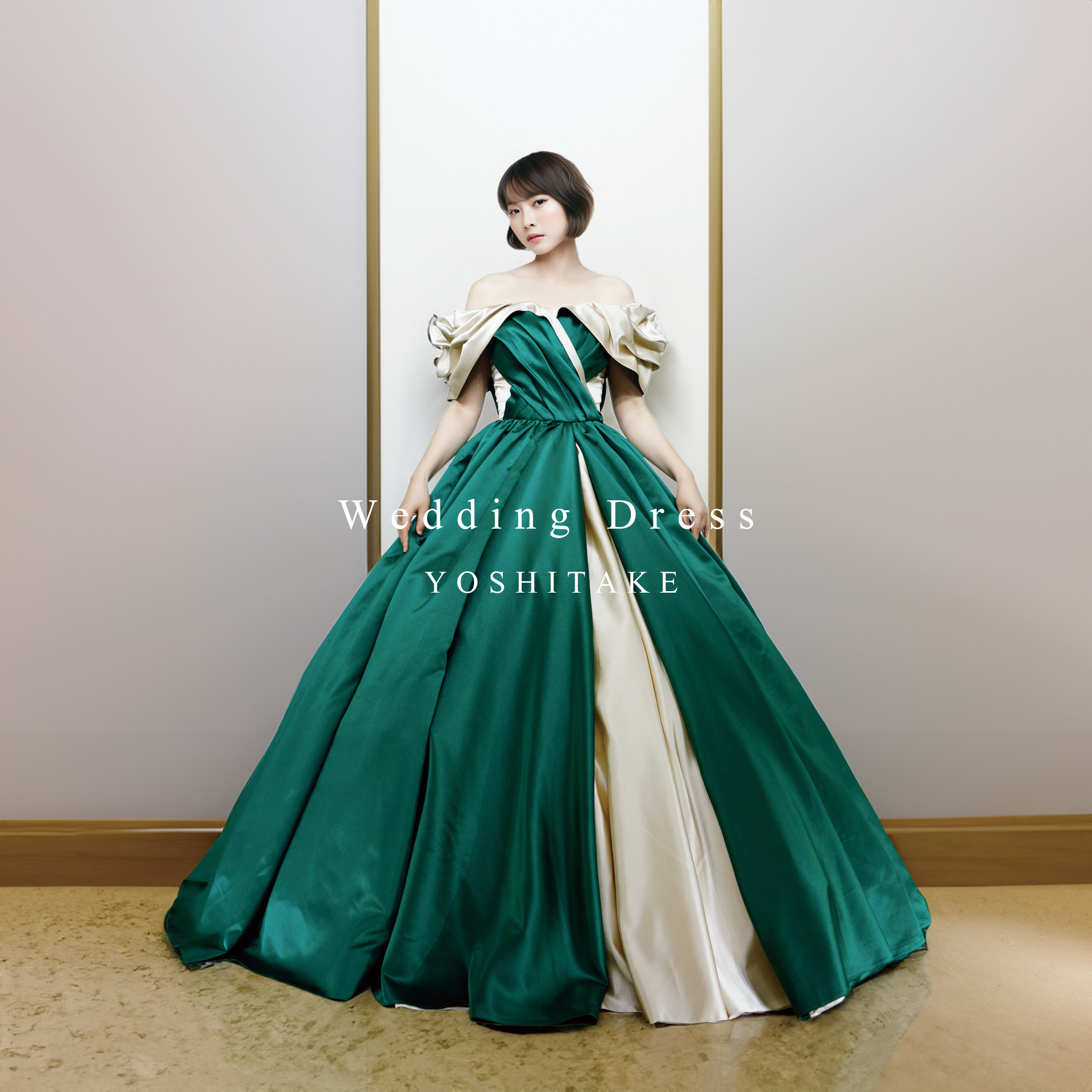 【オーダー制作】ウエディングドレス.グリーン＆アイボリー.カラードレス.プサテン.Y2072