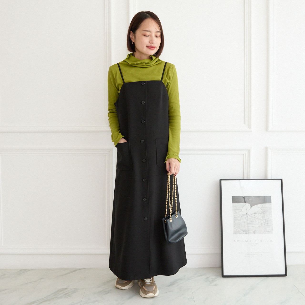 【着丈調整可能/洗える】 シワになりにくい レイヤード キャミワンピース　ブラック　0712BK