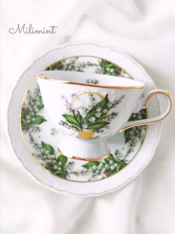 【受注制作】すずらんバスケット カップ＆ソーサー　鈴蘭　スズラン　花柄　花籠　食器 4枚目の画像