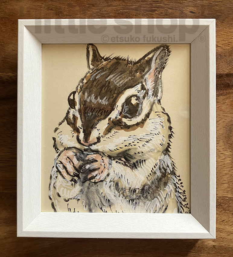 シマリスのイラスト原画　額付きミニ色紙（１）特別価格