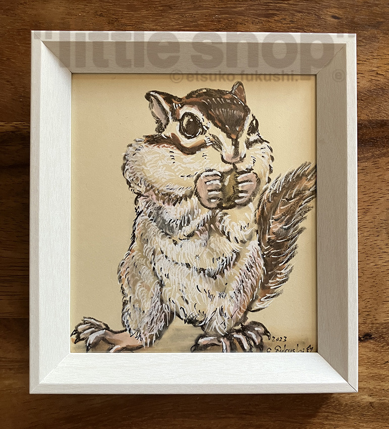 シマリスのイラスト原画　額付きミニ色紙（2）立ち上がる　特別価格