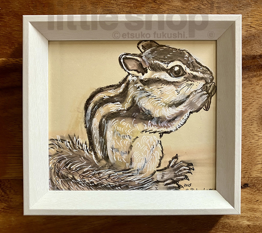 シマリスのイラスト原画　額付きミニ色紙（3）横向きリス　特別価格
