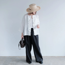 秋も大活躍！福袋 【上下2点セット】フリルブラウス✖️ワイドパンツ リネン 白 黒 / 送料無料 / F2025-E 5枚目の画像