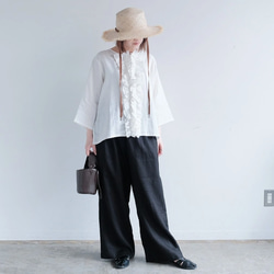 秋も大活躍！福袋 【上下2点セット】フリルブラウス✖️ワイドパンツ リネン 白 黒 / 送料無料 / F2025-E 3枚目の画像
