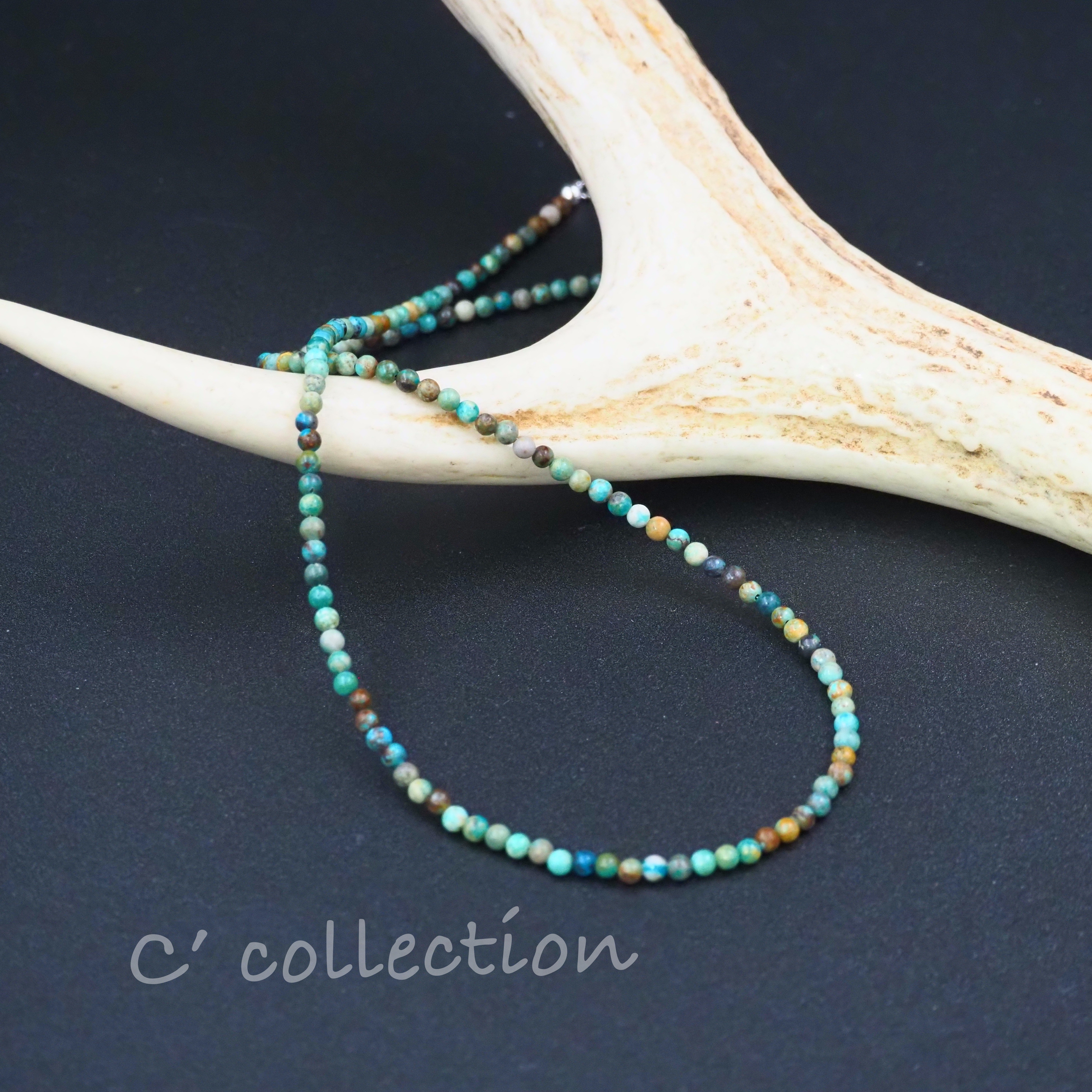 C2N-45 ミックスターコイズ ビーズネックレス 42cm ハンドメイド 3mm 天然石 Silver