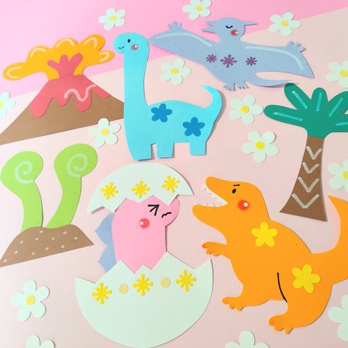 画用紙 恐竜 かわいい 花 火山 ティラノサウルス 色紙 壁面 アルバム