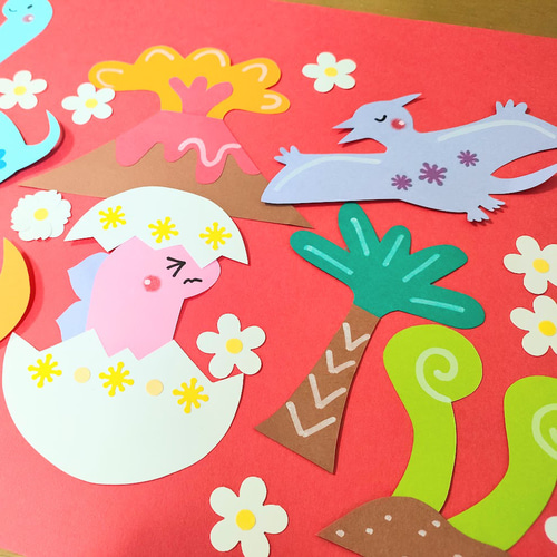 画用紙 恐竜 かわいい 花 火山 ティラノサウルス 色紙 壁面 アルバム