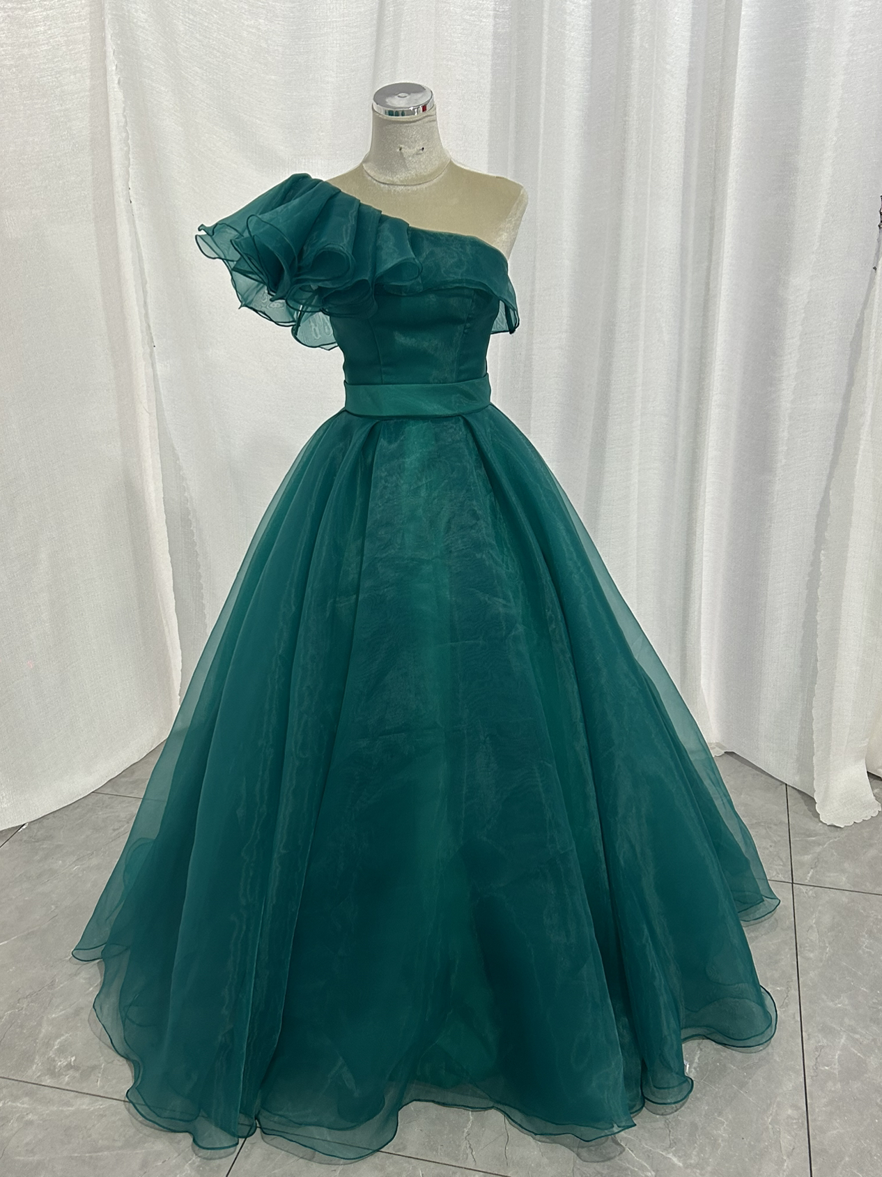 カラードレス ブルー 上質オーガンジー ワンショルダー 編み上げ ロング 揺らめく裾 披露宴