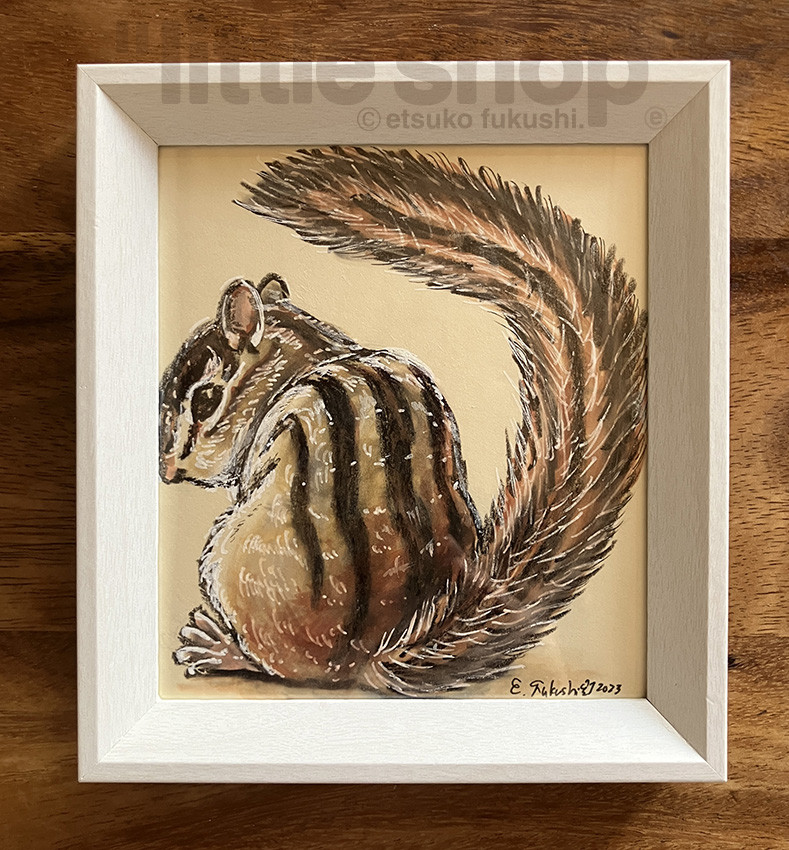 シマリスのイラスト原画　額付きミニ色紙（９）リスの背中　特別価格