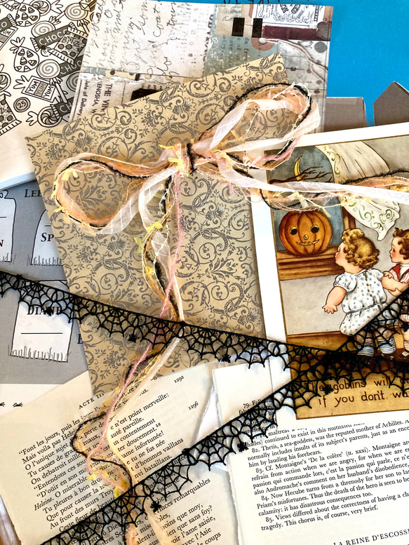 ⭐︎.。Jack-o-lantern。.＊ハロウィンカラーの引き揃え糸5m & 蜘蛛の糸レースリボン60cm セットB 3枚目の画像