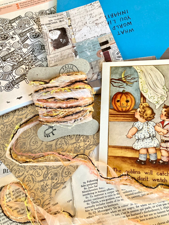 ⭐︎.。Jack-o-lantern。.＊ハロウィンカラーの引き揃え糸5m & 蜘蛛の糸レースリボン60cm セットB 1枚目の画像