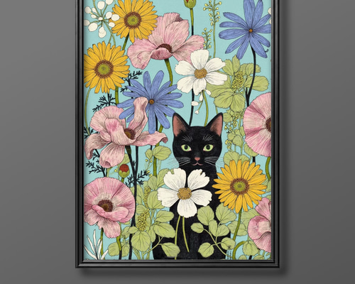 絵画 | イラストポスター 758☆ 【きれいな花と黒猫】 絵画 アカザ麦
