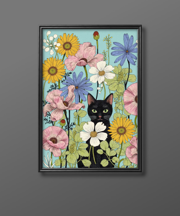 猫と花の絵画 絵画 | イラストポスター 758☆ 【きれいな花と黒猫】 絵画 アカザ麦