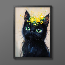 絵画。原画【椅子の上の黒猫がコーヒーを見た】 絵画 アカザ麦