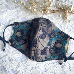 刺繍レースマスク』濃密刺繍ブルーローズ ×微艶グレー 3サイズ 抗菌