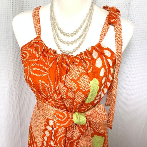 極上【正絹】着物リメイク 豪華総絞りの振袖ドレス／キャミワンピース