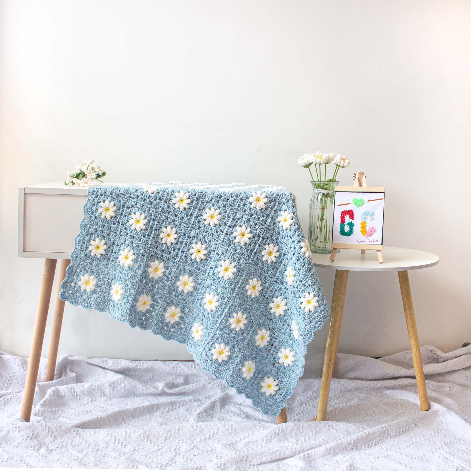 130x180cmハンドメイド かぎ針編み フラワーモチーフ 編み物 ❁デイジーブルー ハンドメイド/鍵編み*ひざ掛け