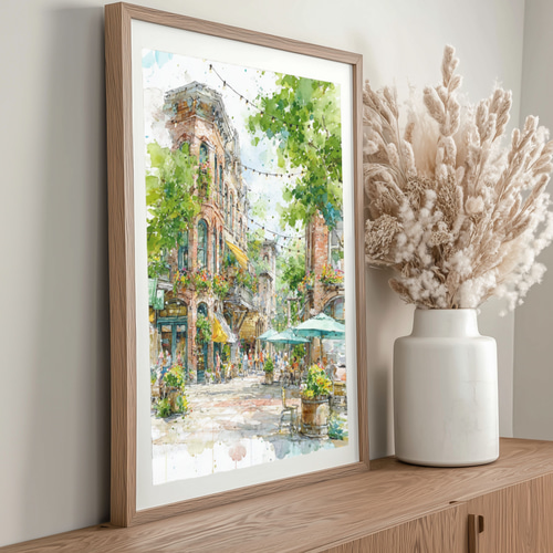 オマハの街角スケッチ｜ペンと水彩で描くアメリカの風景画 インテリア