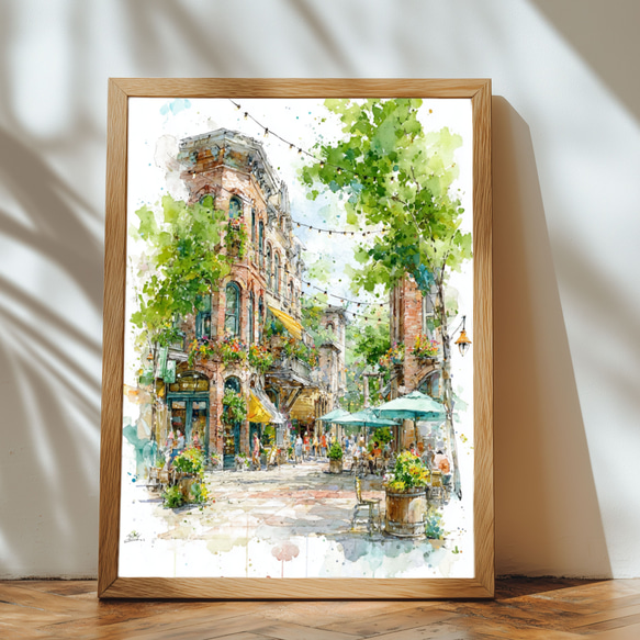 水彩画　街角　木製の板付き オマハの街角スケッチ｜ペンと水彩で描くアメリカの風景画 インテリア