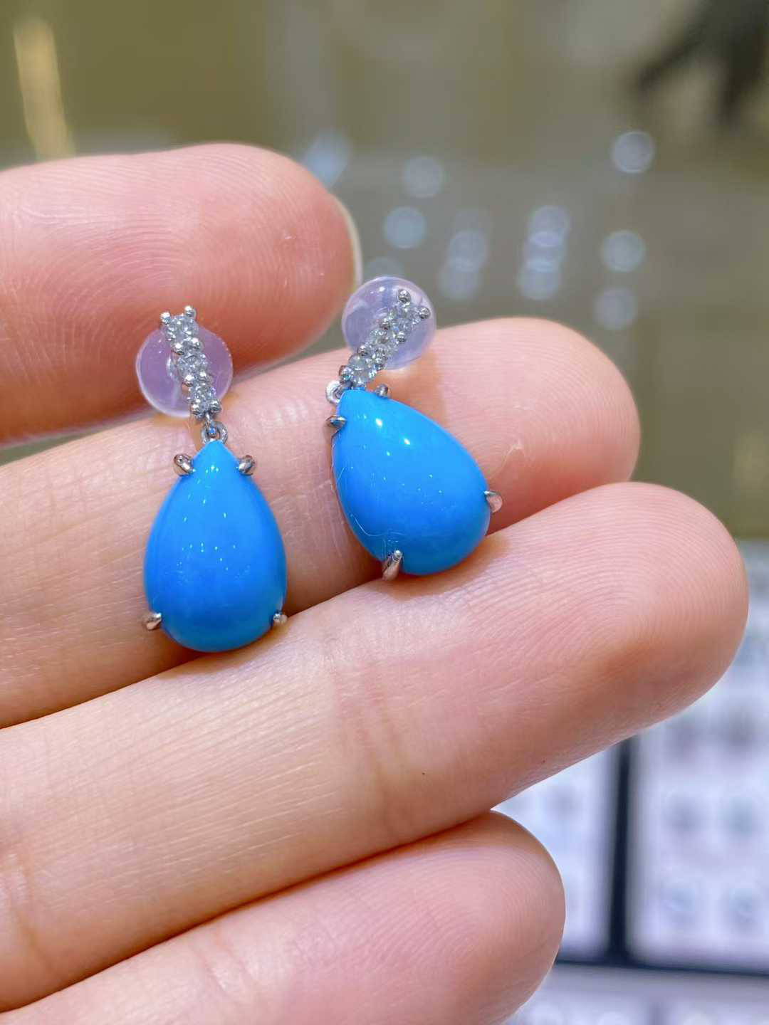 天然ダイヤモンド付きターコイズピアス　2202