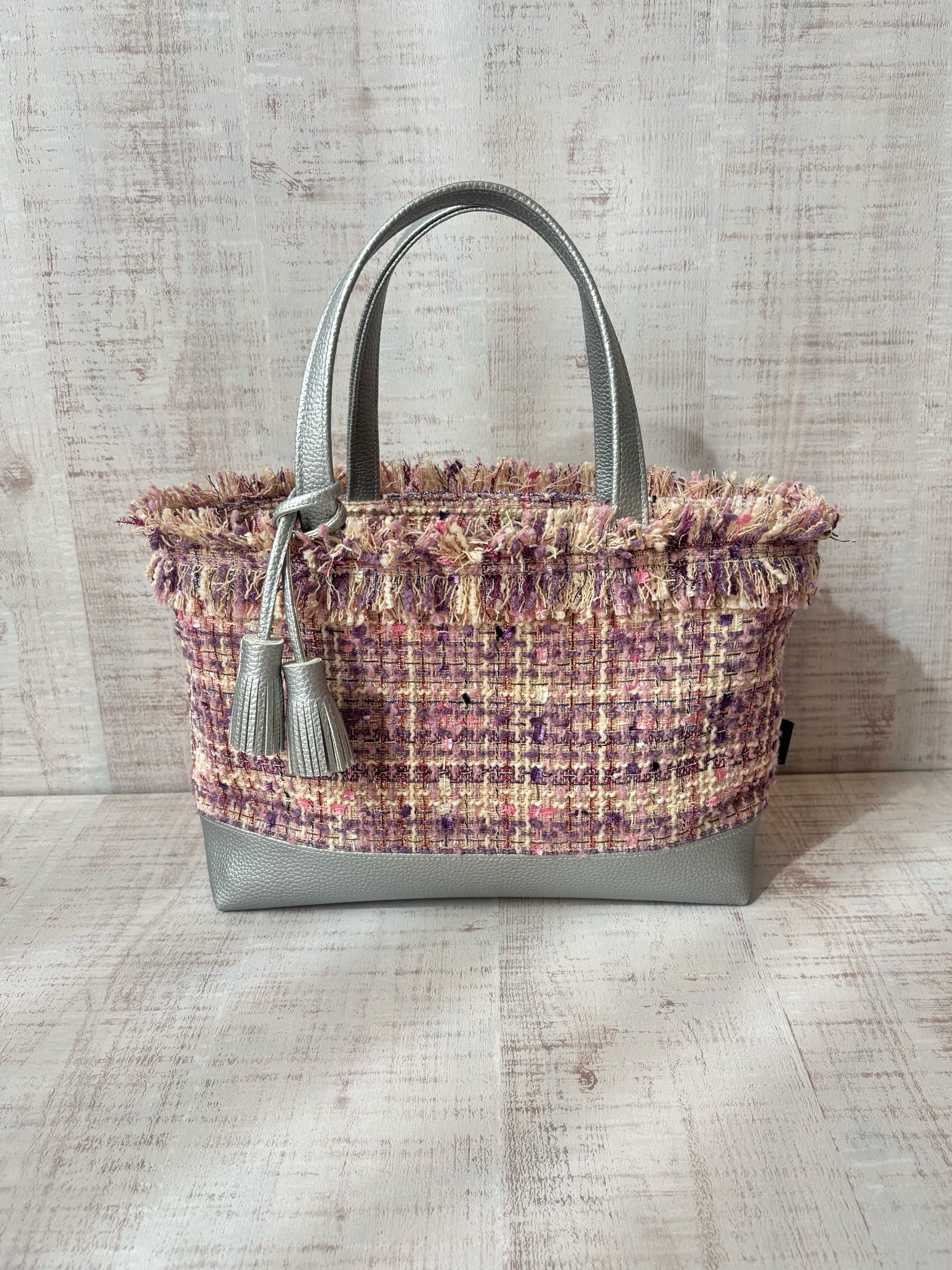 【ファンシーツイード×フェイクレザーフリンジバッグ】ピンク×シルバー