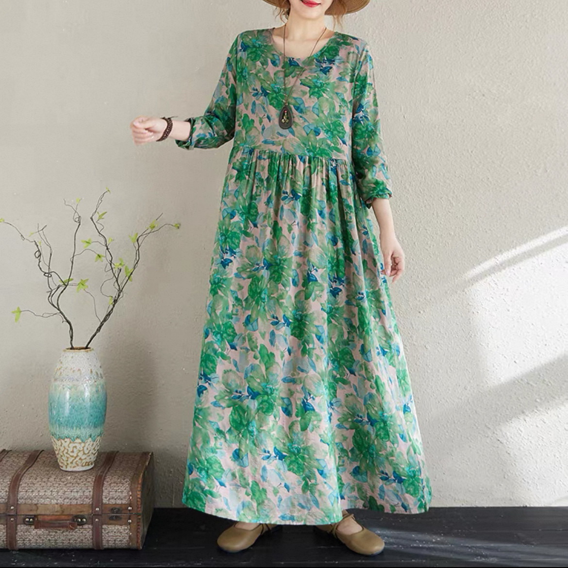 綿麻ワンピース 長袖ワンピース 花柄ワンピース 大人カジュアルワンピース  春秋 受注制作