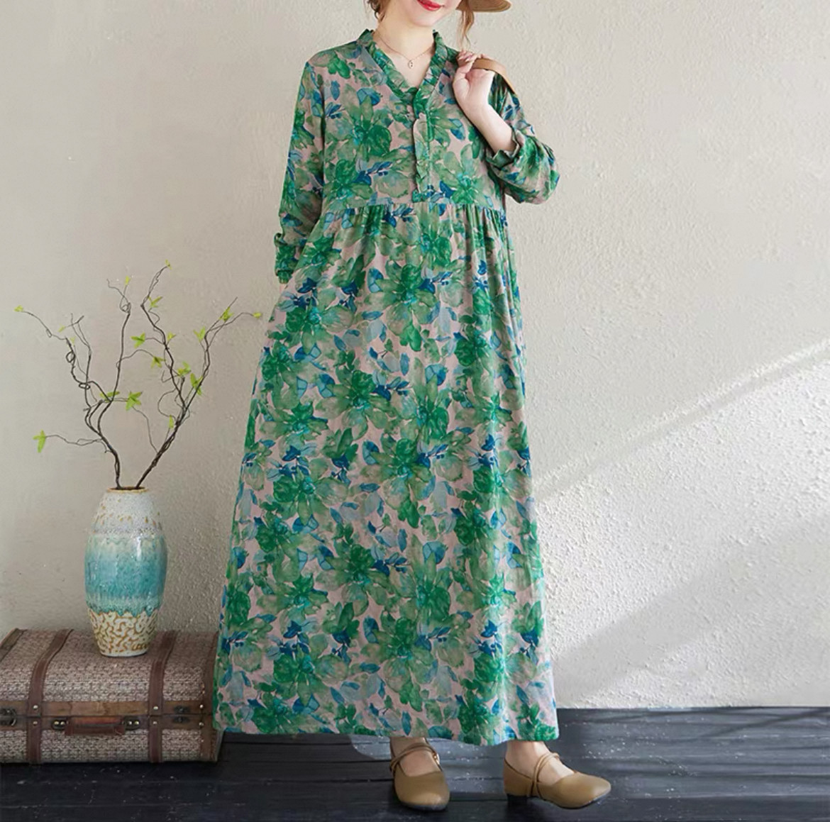 綿麻ワンピース 長袖ワンピース 花柄ワンピース 大人カジュアルワンピース  春秋 受注制作