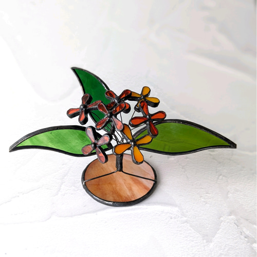 ほっこり金木犀の置物、ステンドグラス、ガラスの花 アートフラワー