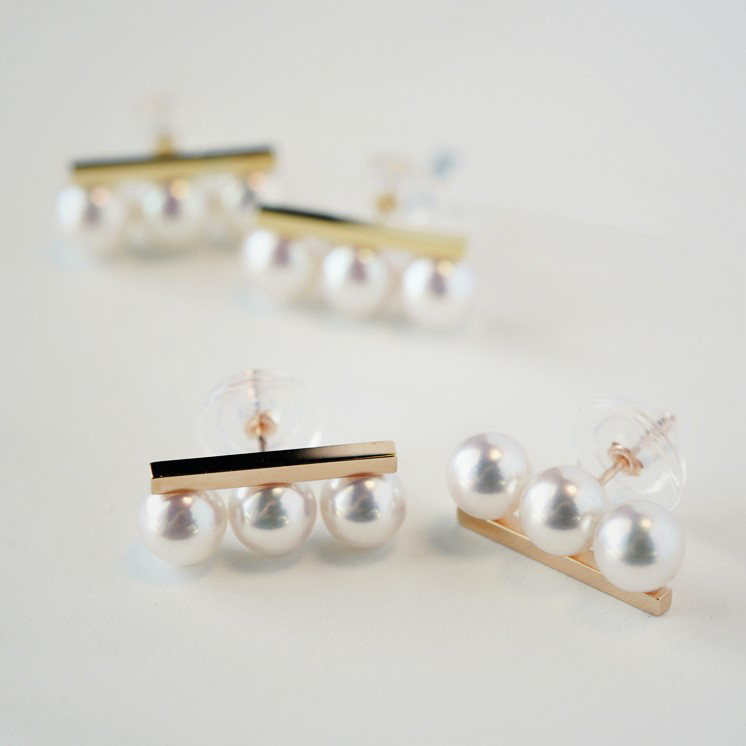 ルミナ 18K ローズゴールド イヤリング 6.5-7mm 日本製アコヤ真珠 天然海真珠 3連ビーズバランスシリーズ 上品でエレ