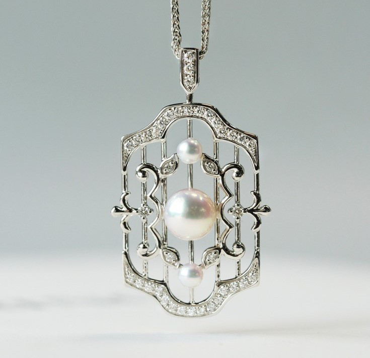 ルミナ PT900 プラチナ ダイヤモンドペンダント 3-6.5mm 日本製アコヤ真珠 天然海水真珠ネックレス ミステリアスコー