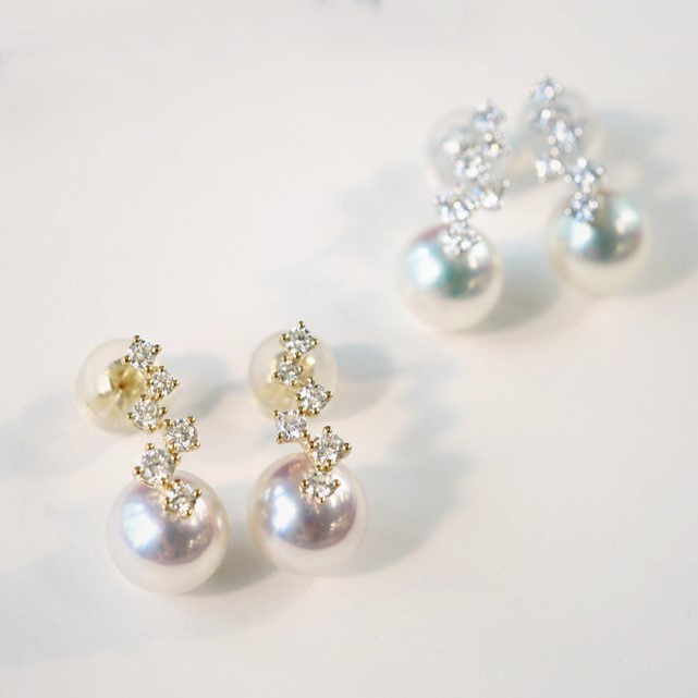 ルミナ 18Kゴールドイヤリング 8-8.5mm アコヤ天然海水ピンクパールイヤリング ダイヤモンド付き 優美でエレガントなスタ
