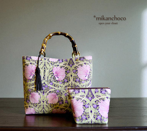 ◆新色◆ピンパネル柄バンブーバッグ＆ポーチのセット◆秋限定 1枚目の画像