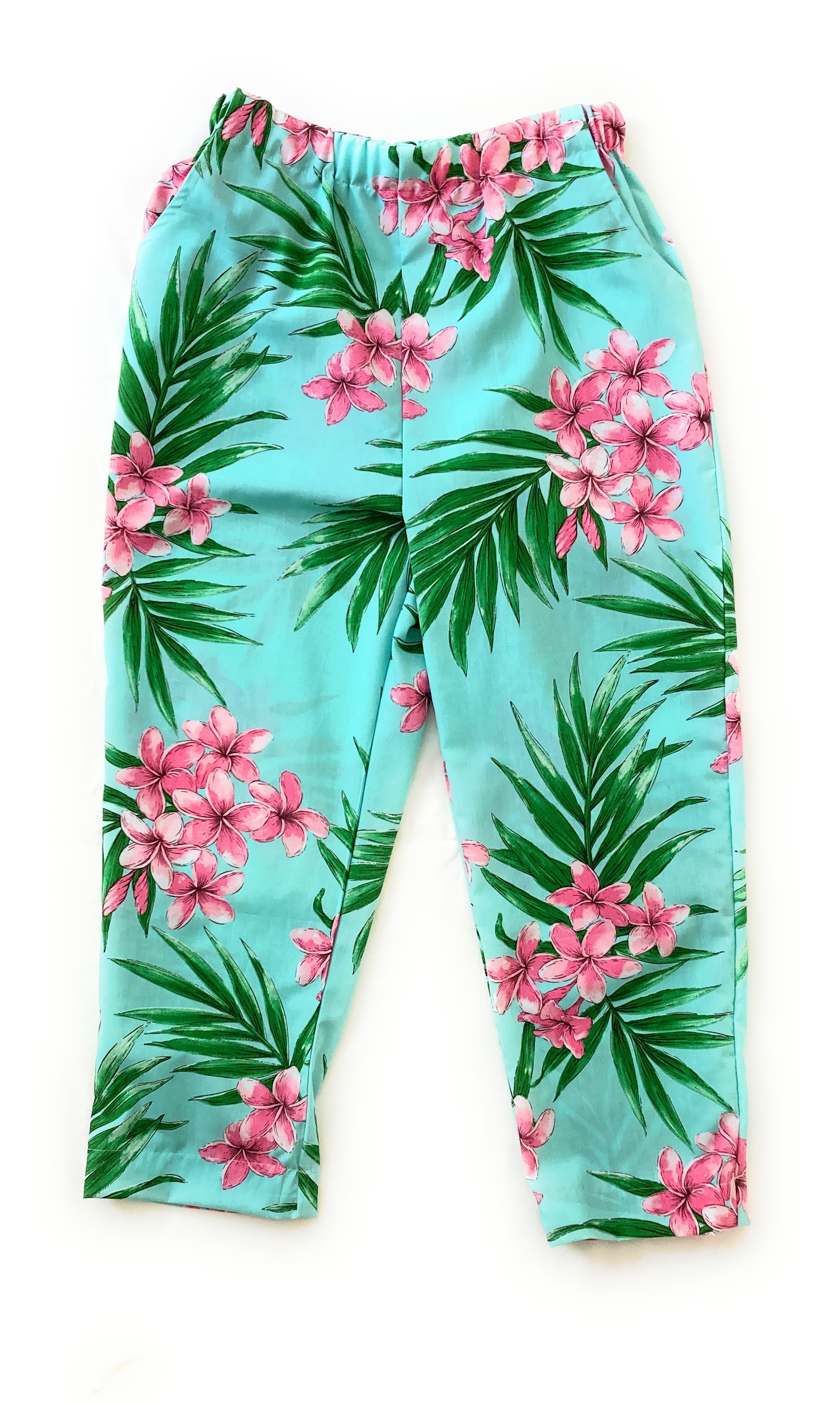 ハワイアン ファブリック シャーリングテーパードパンツ プリメリア シーグリーン [mstp-208M]