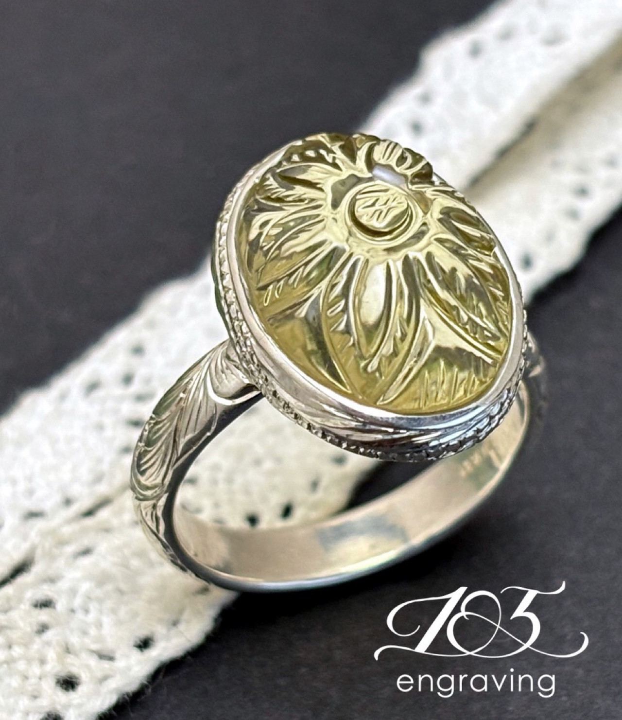 １点もの 　花彫刻レモンクォーツ  ハンドエングレービングシルバーリング 1９号