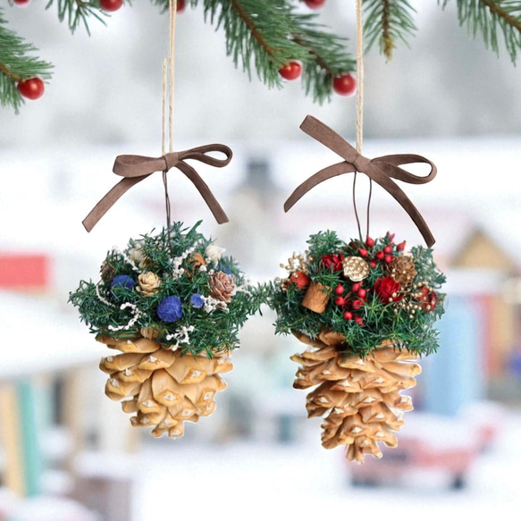 《数量限定》森のキラメキ松ぼっくりオーナメント （４色セット）プリザーブドフラワー 2枚目の画像