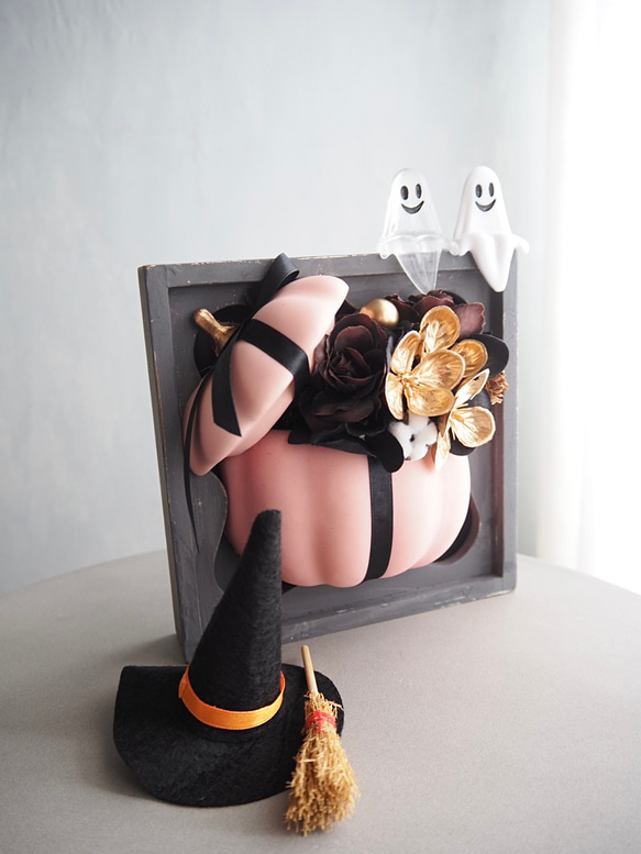 リニューアル✨【ハロウィン壁掛けアレンジ 】大人可愛いピンクパンプキンの2wayアレンジメント 10枚目の画像