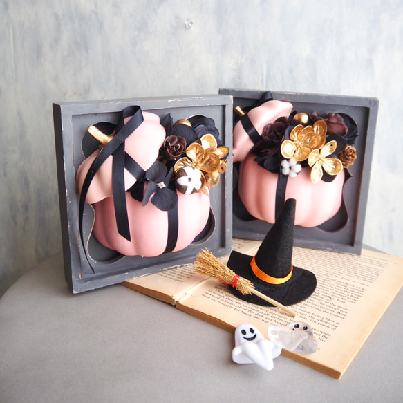 リニューアル✨【ハロウィン壁掛けアレンジ 】大人可愛いピンクパンプキンの2wayアレンジメント 17枚目の画像