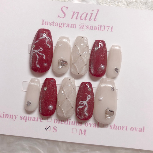 ネイルチップ 赤 ボルドー キルティング マグネットネイル リボン 韓国