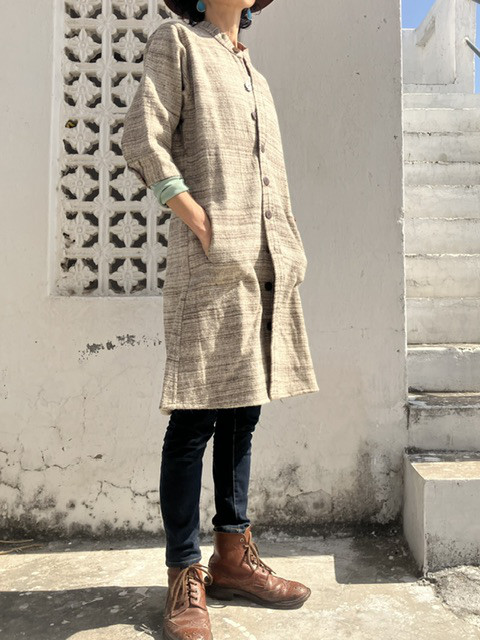 5　手紡ぎ手織りヒマラヤンウール100% クルタ襟ワンピース コート