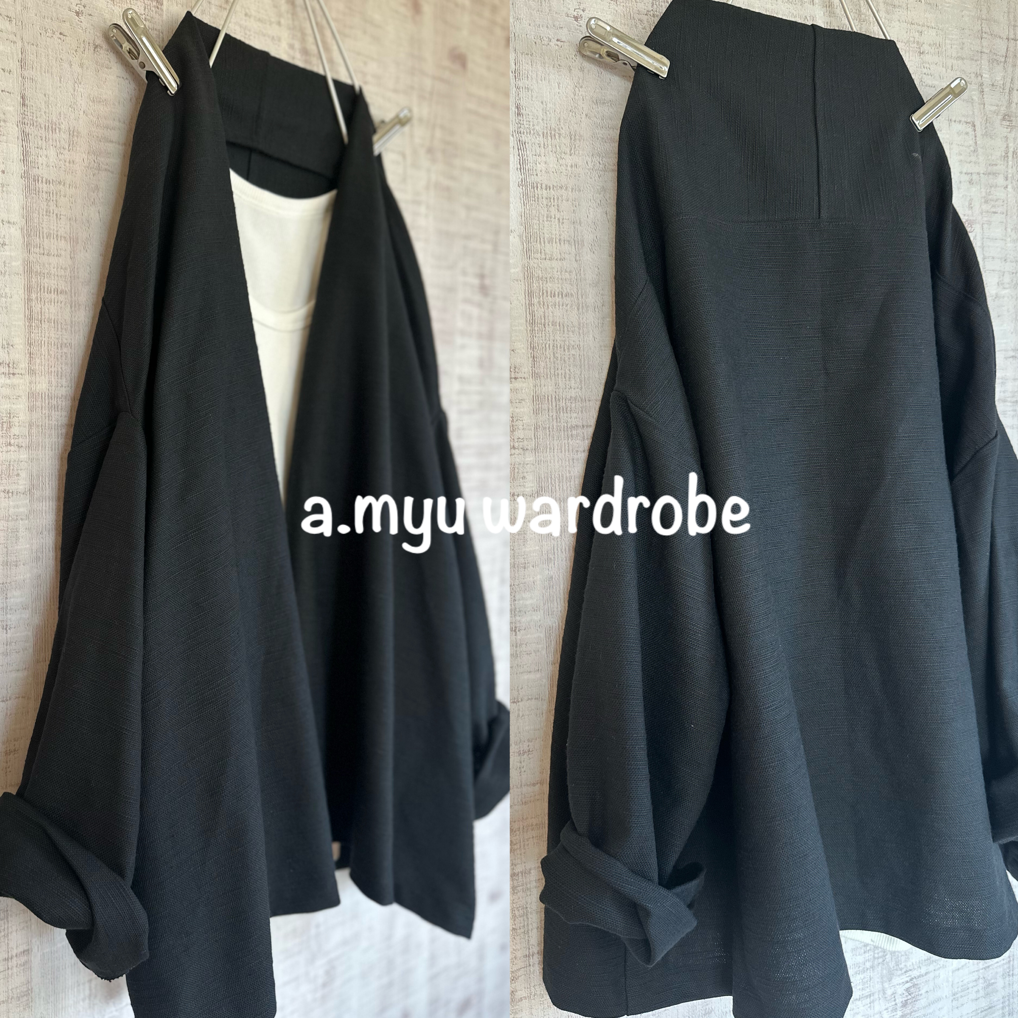 a.myu 秋モノトーン黒♪腰丈ストールドロップカーディガン