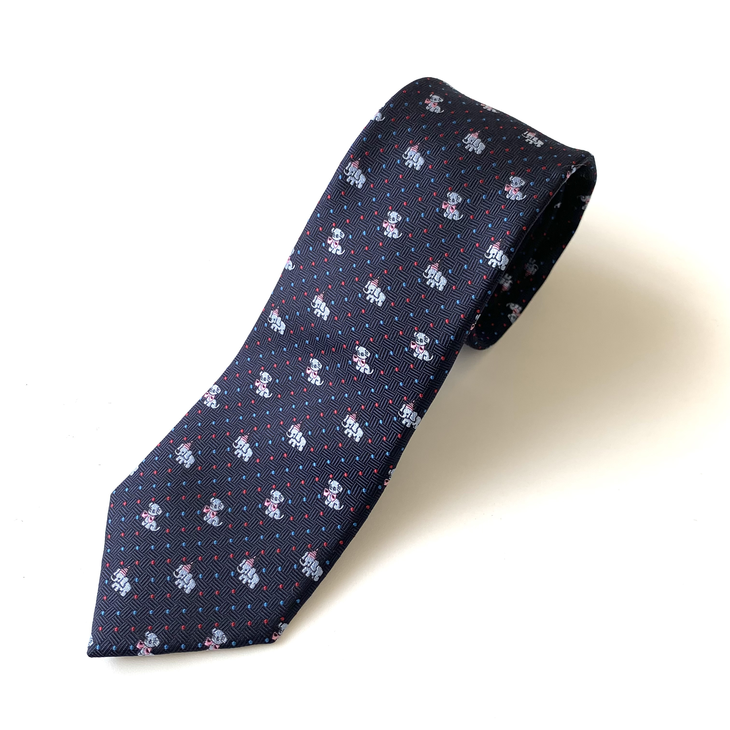 ぬいぐるみ　子犬　子象　 ネイビー　シルクネクタイ　送料無料 5,925円